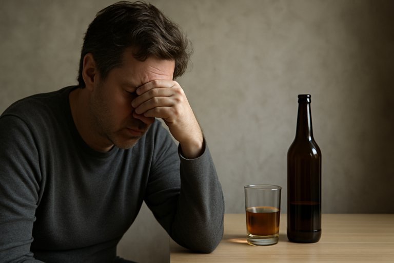 Sad man sitting with alcoholic drink